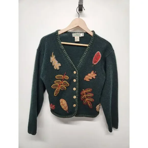 Vtg. L.L.Bean Women's Shetland Wool Embroidered Fall Leaf, Size M, Forest Green - Picture 1 of 13